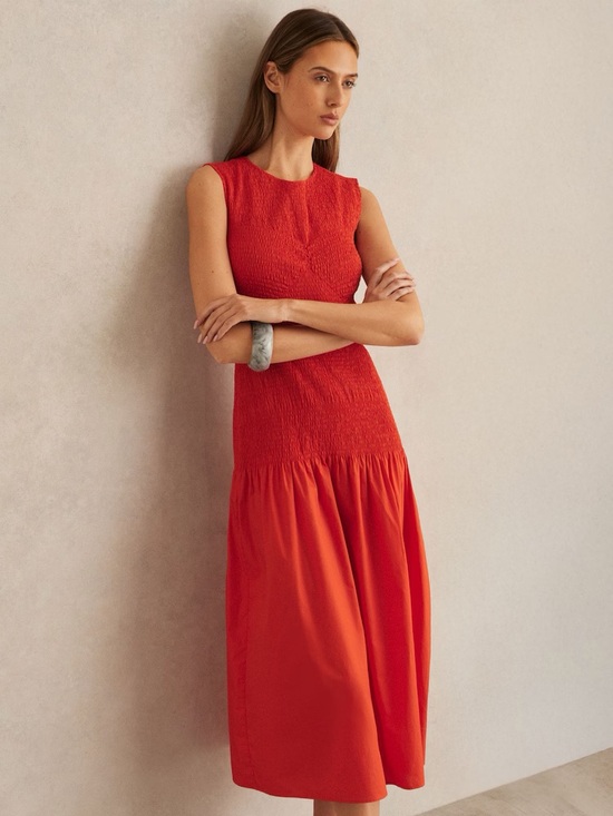 Reiss Dresses & Skirts - Reiss Annabel Smocked Drop Waist Cotton Bright Red Sleeveless Midi Dress